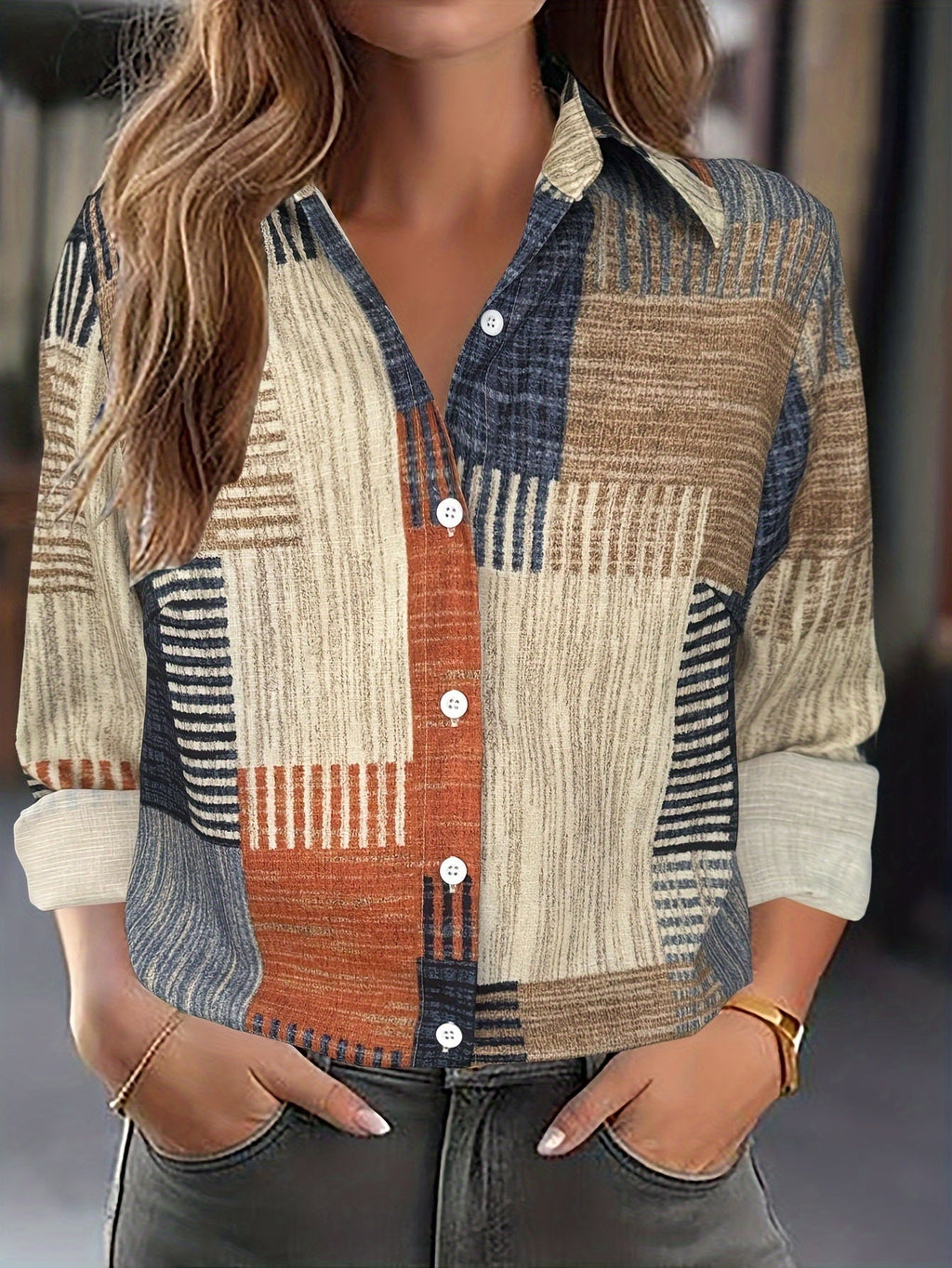 Wendira | Dames Patchwork Blouse met Lange Mouwen en Knoopsluiting – Stijlvol Design in Gemengde Kleuren