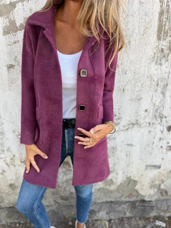 Aralia | Fuzzy gebreide jas – Stijlvolle vierkante knopen, warme winterjas, lange mouwen, casual en chic