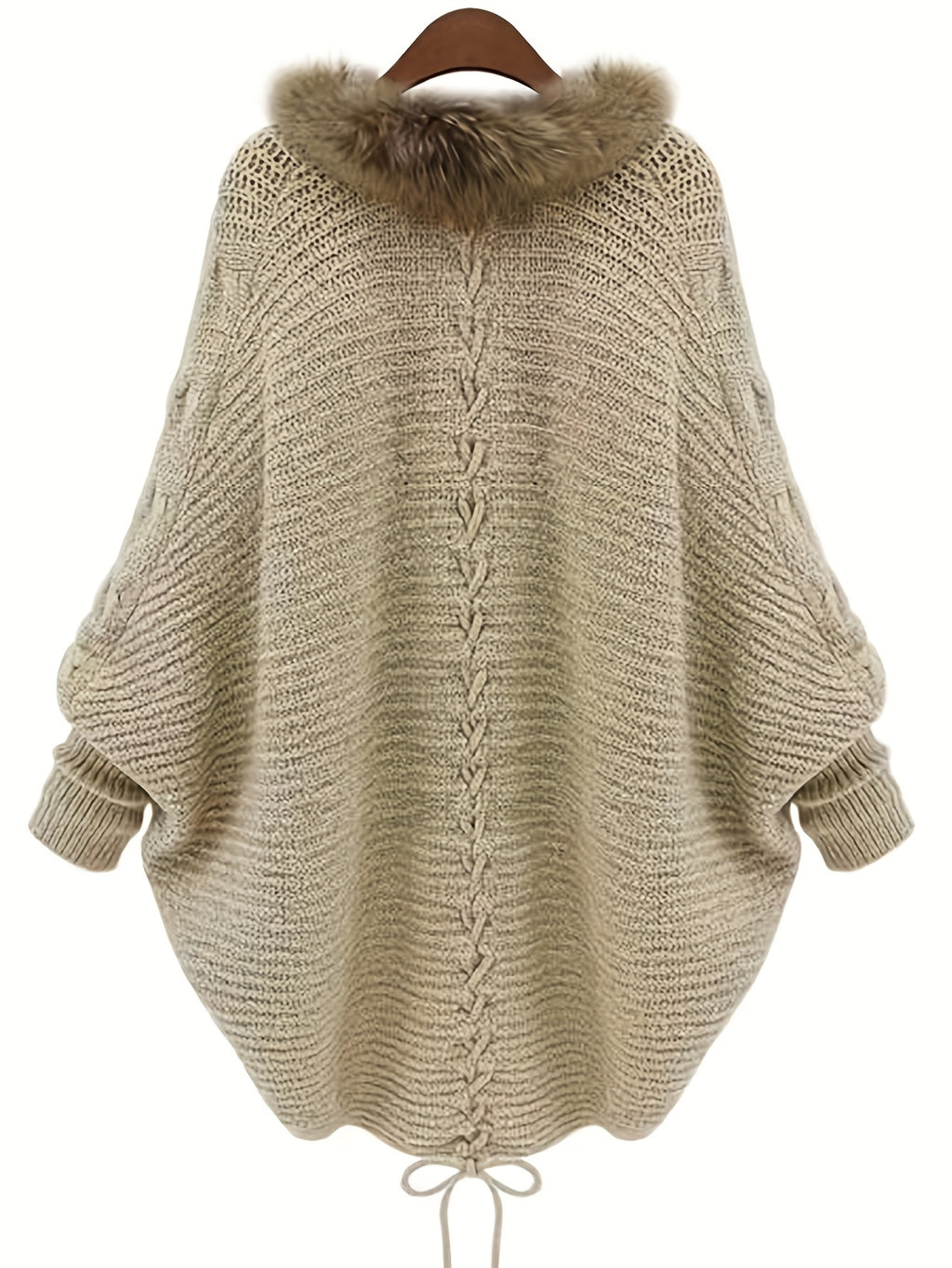 Aemilia | Dikke cape-jas voor dames – met nepbontrand, kabelbreiwerk, warme herfst- en winterjas