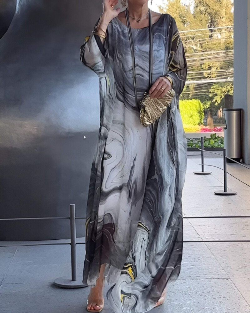 Sevda | Elegant Chiffon Maxi Dress with Marble Pattern - Flowing, Lightweight & Stylish