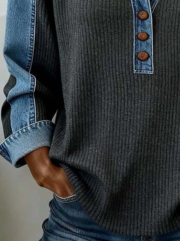 Arlena | Casual sweatshirt voor dames met denim patchwork –  Pullover met kleurblokken