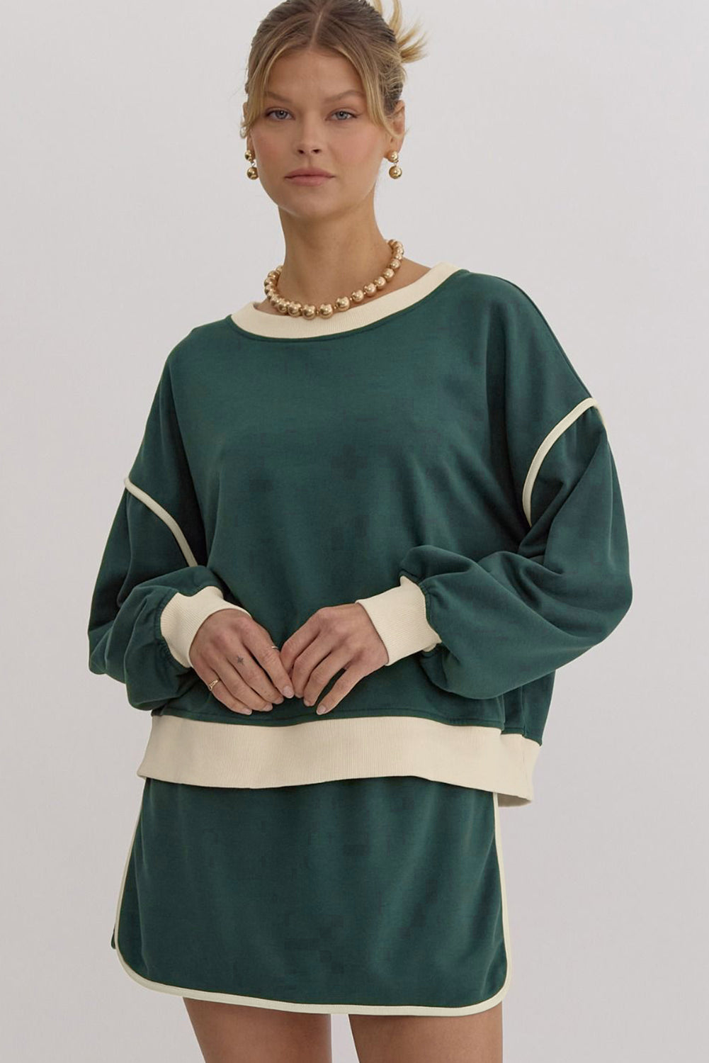 Ylfa | Klassieke kleurcontrast trui & rok-short set voor dames - stijlvolle loszittende set met lace-up taille