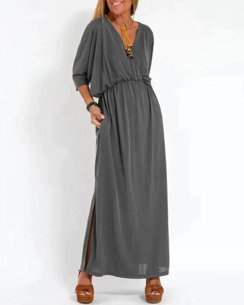 Sunhild | Elegant Long Vintage V-neck Dress - Flowy Maxi Dress for Women