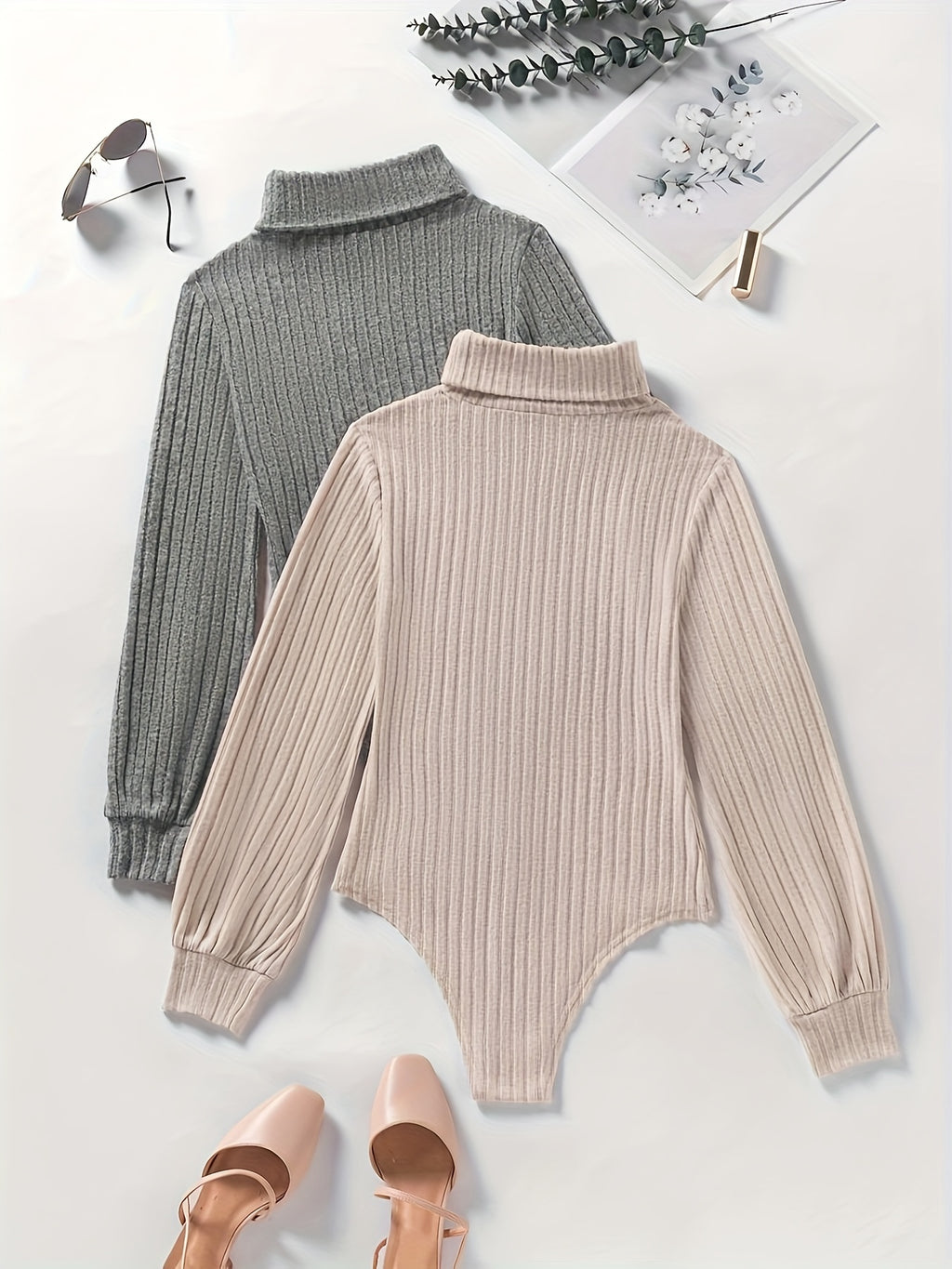 Leontine | Casual geribbelde damesbody met lange mouwen en schildpadhals - 2-delig