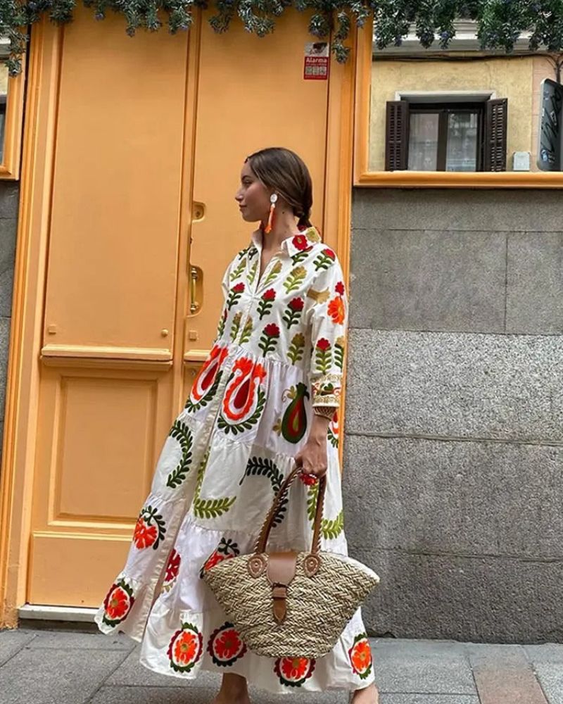 Uvelia | Artistieke oversized maxi jurk - Soepel, Boho, Abstracte print, Los model