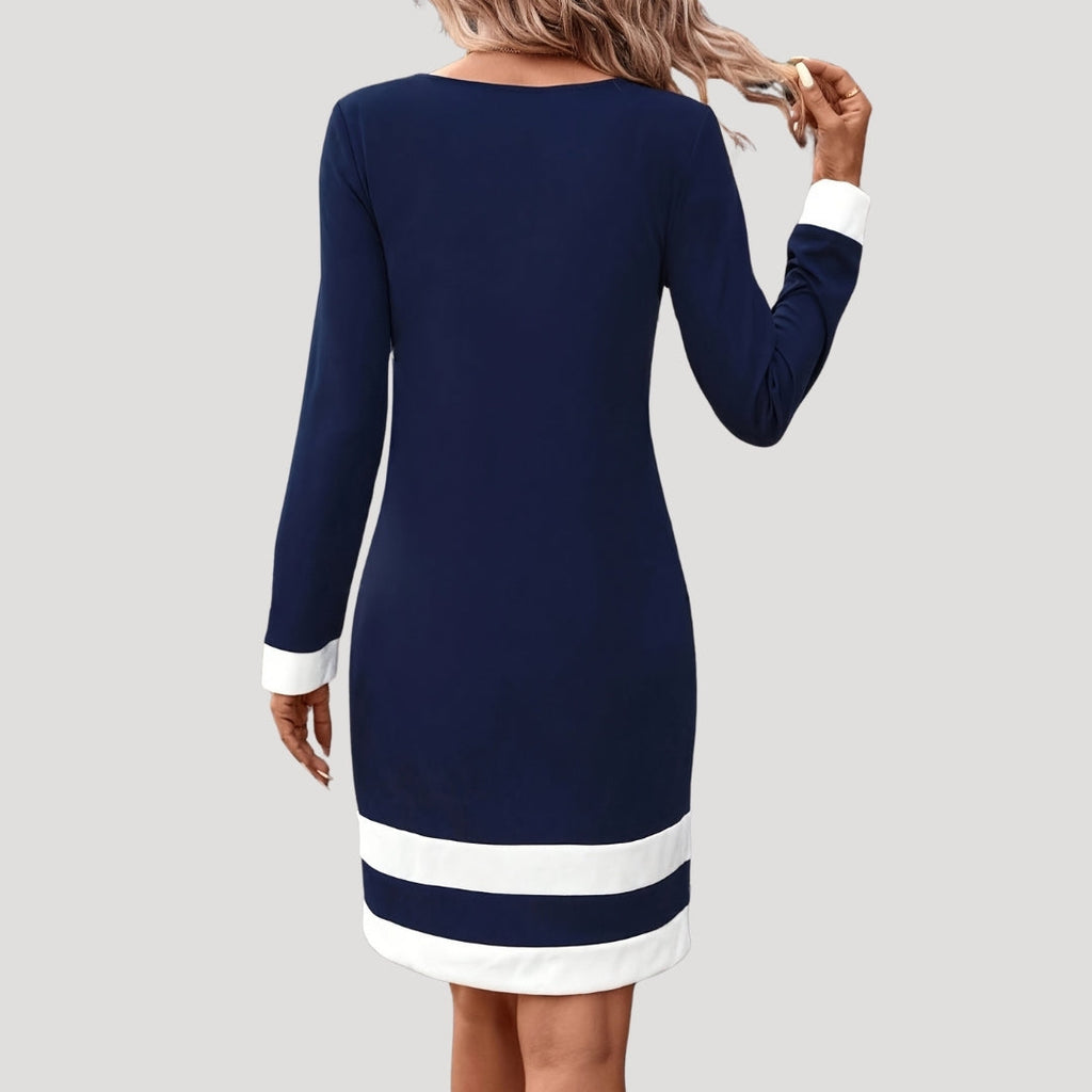 Brelya | Dames midi shiftjurk met colorblock – Lange mouwen elegante kantoorjurk
