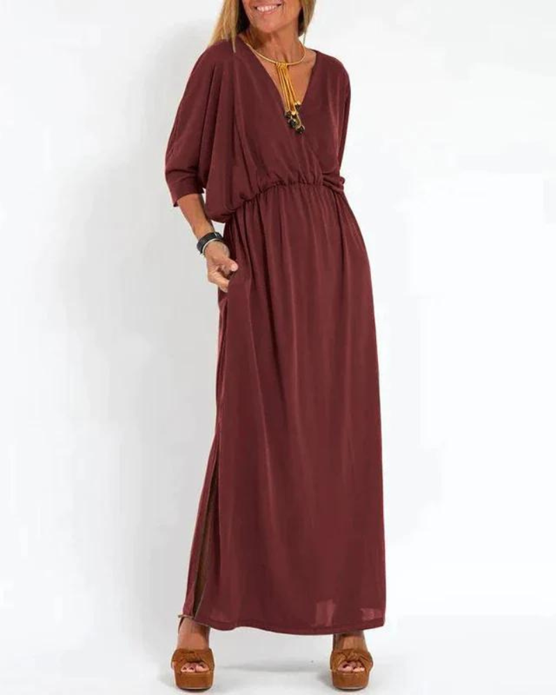 Sunhild | Elegant Long Vintage V-neck Dress - Flowy Maxi Dress for Women