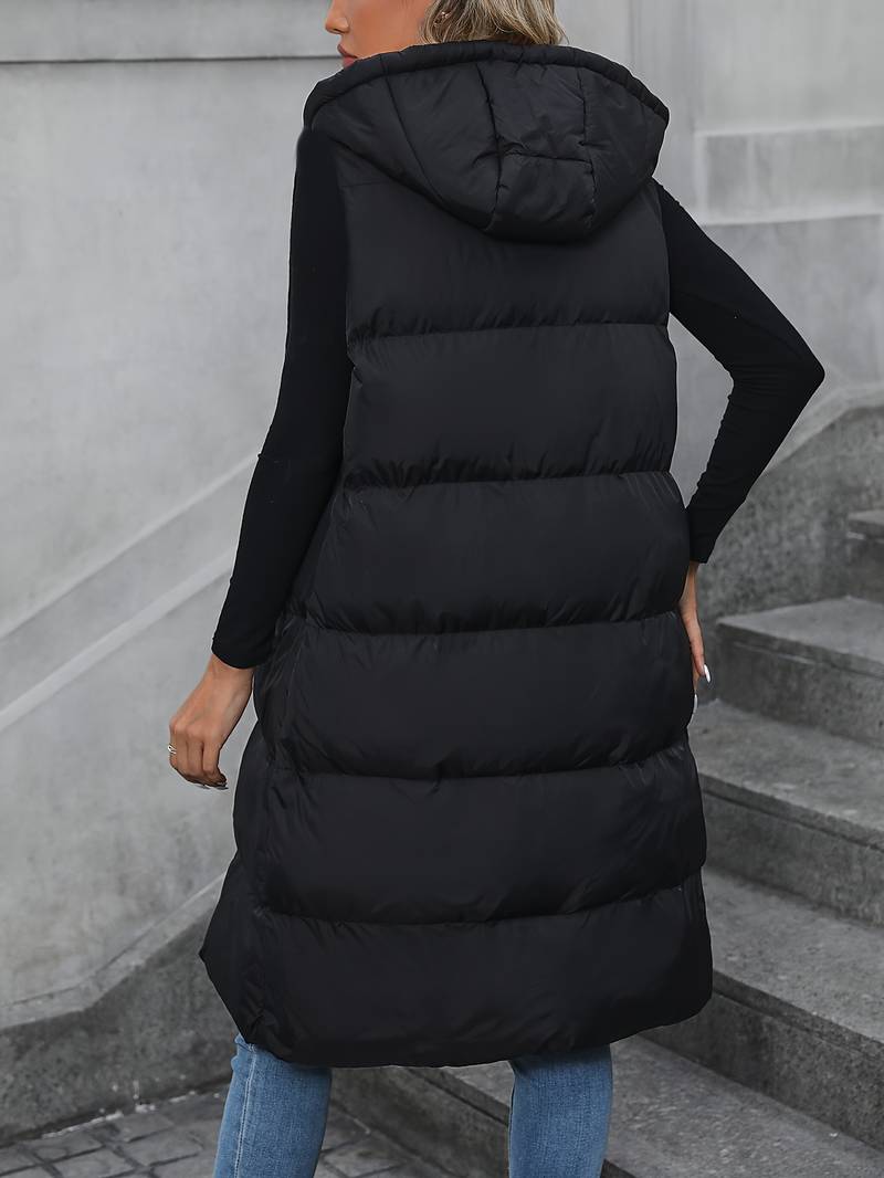 Aina | Lang gewatteerd mouwloos vest met capuchon voor dames - lichtgewicht bodywarmer vest