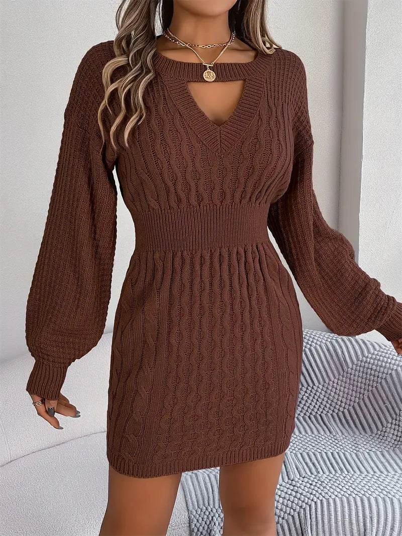 Fonda | Knitted Women's Sweater with Keyhole Detail & Lantern Sleeves, Elegant Winter Dress