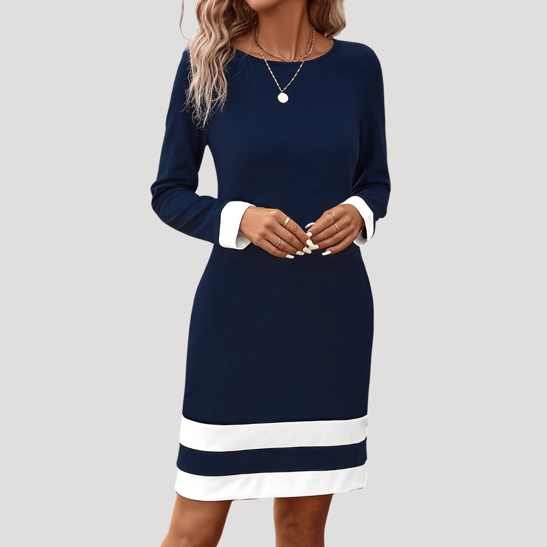 Brelya | Dames midi shiftjurk met colorblock – Lange mouwen elegante kantoorjurk