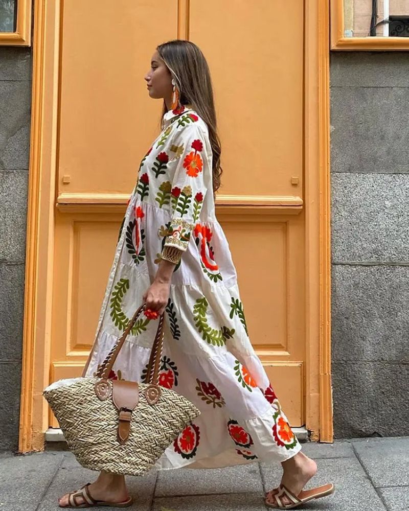 Uvelia | Artistieke oversized maxi jurk - Soepel, Boho, Abstracte print, Los model