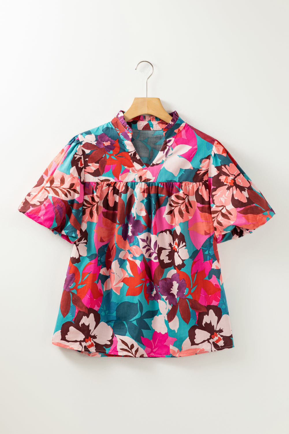 Ysoria | Blouse with Floral Puffed Sleeves and Notched V-Neck - Elegant Women's Top