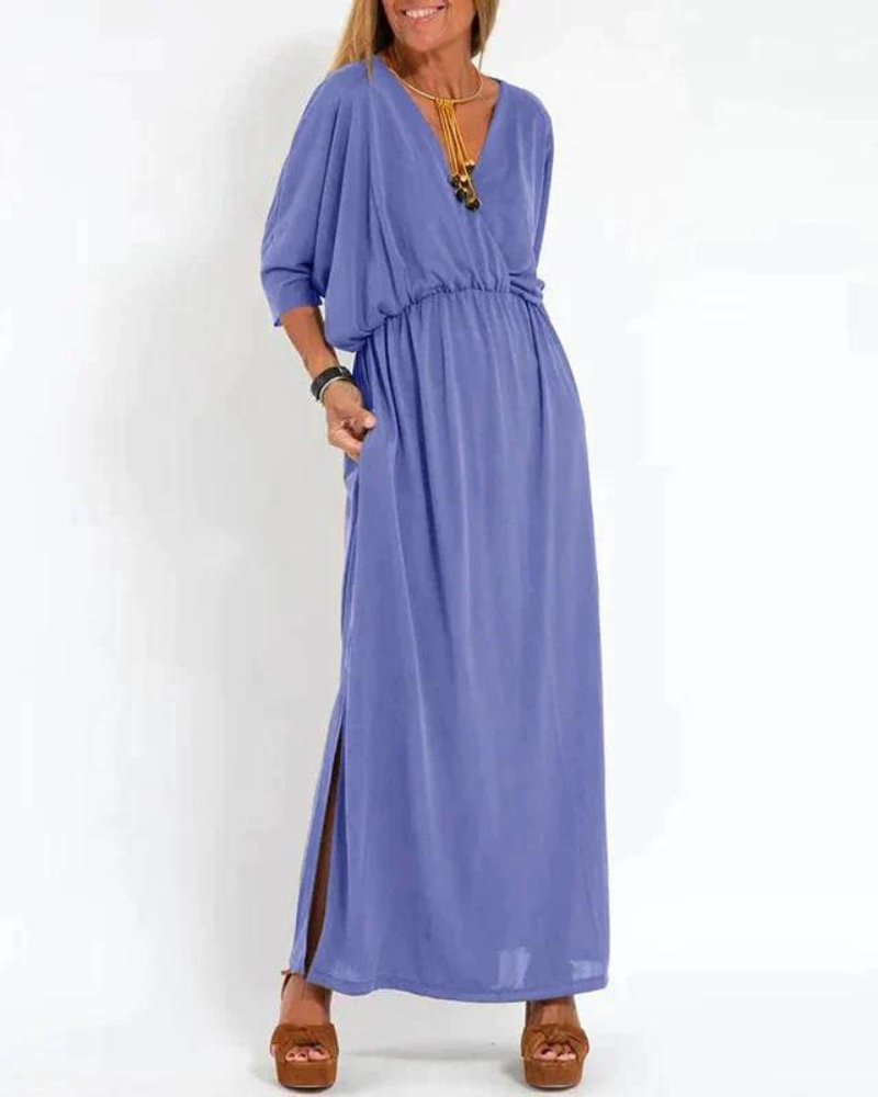 Sunhild | Elegant Long Vintage V-neck Dress - Flowy Maxi Dress for Women