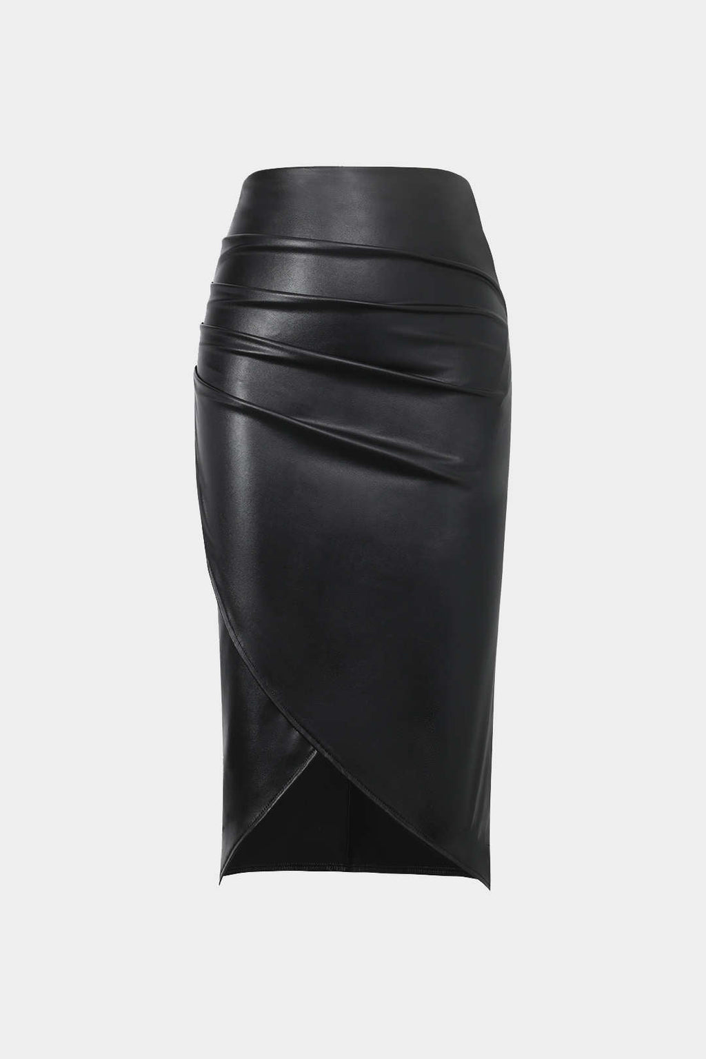 Kaelith | High-Waisted Faux Leather Ruffled Wrap Split Front Midi Skirt