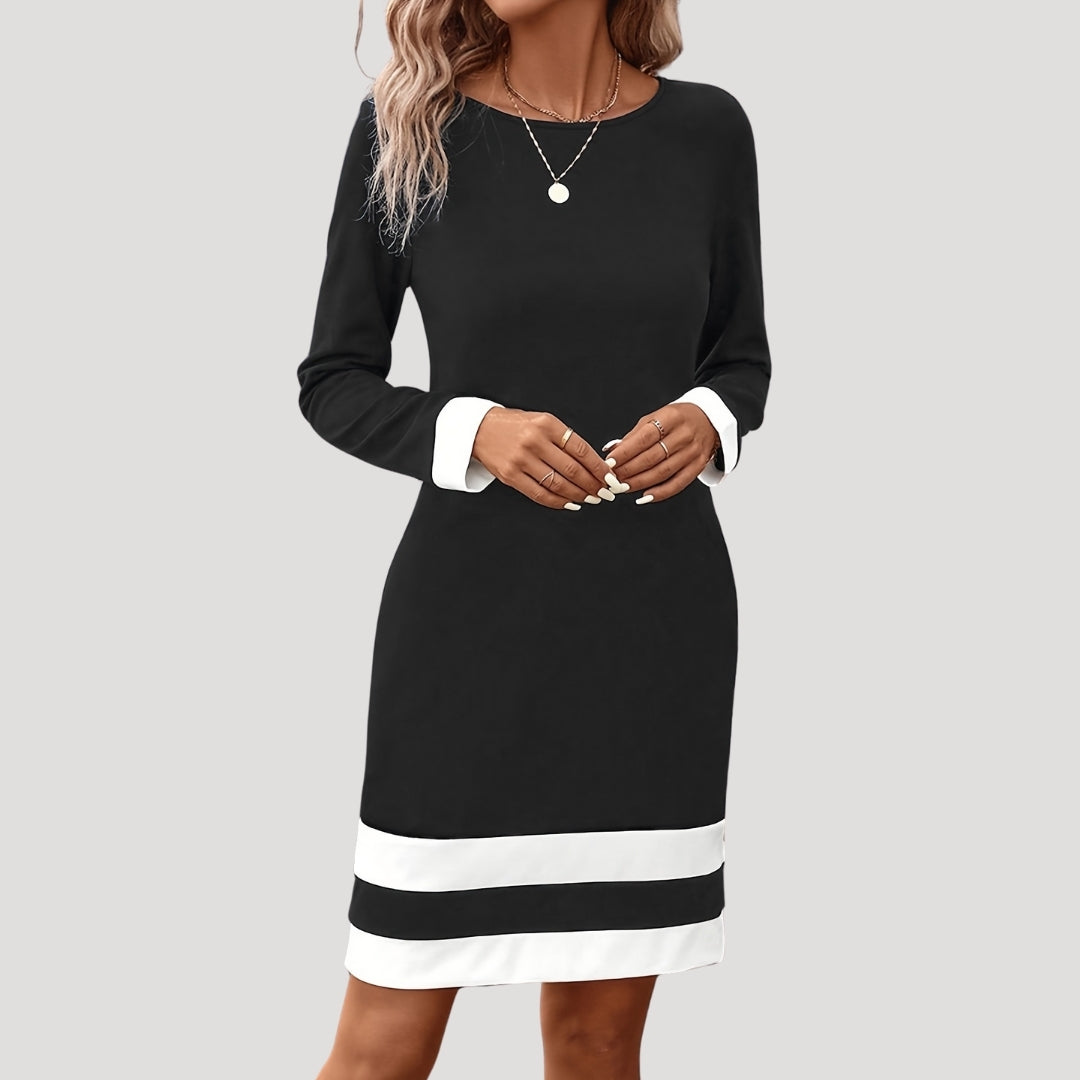 Valviera | Elegante midi-jurk met kleurblokken voor dames – ronde hals, lange mouwen