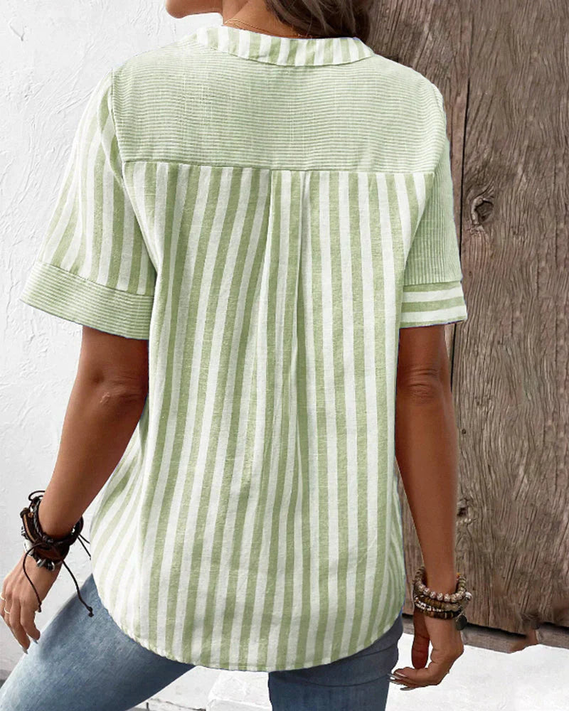 Kresimira | Elegante Gestreepte Patchwork Blouse - Korte Mouw Casual Shirt voor Vrouwen