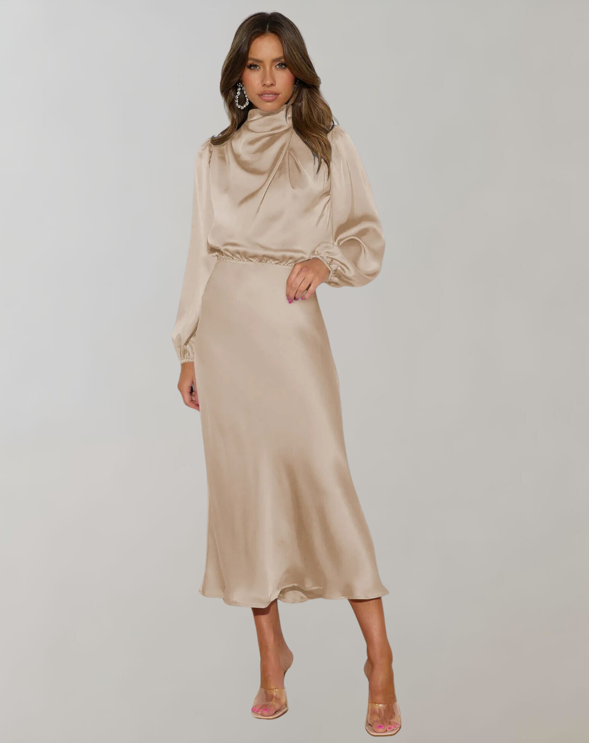 Darielle | Elegante satijnen jurk met lange mouwen voor avond, feest & formele kleding