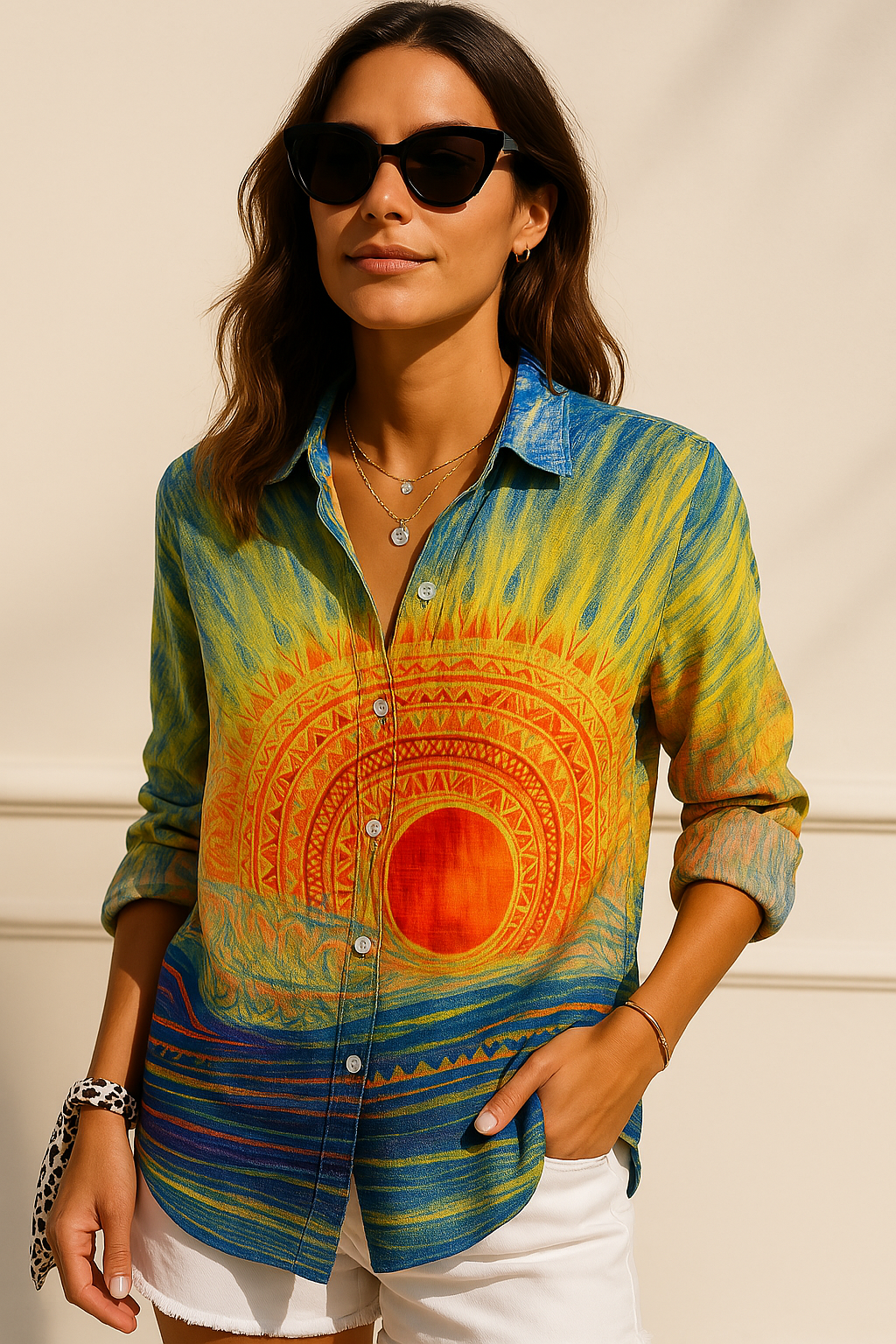 Sannia | Blouse met levendige print voor dames - lange mouwen, overhemd met knoopsluiting