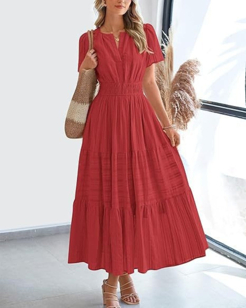 Olinda | Casual Short-Sleeved Maxi Dress - Flowy Long Dress for Women