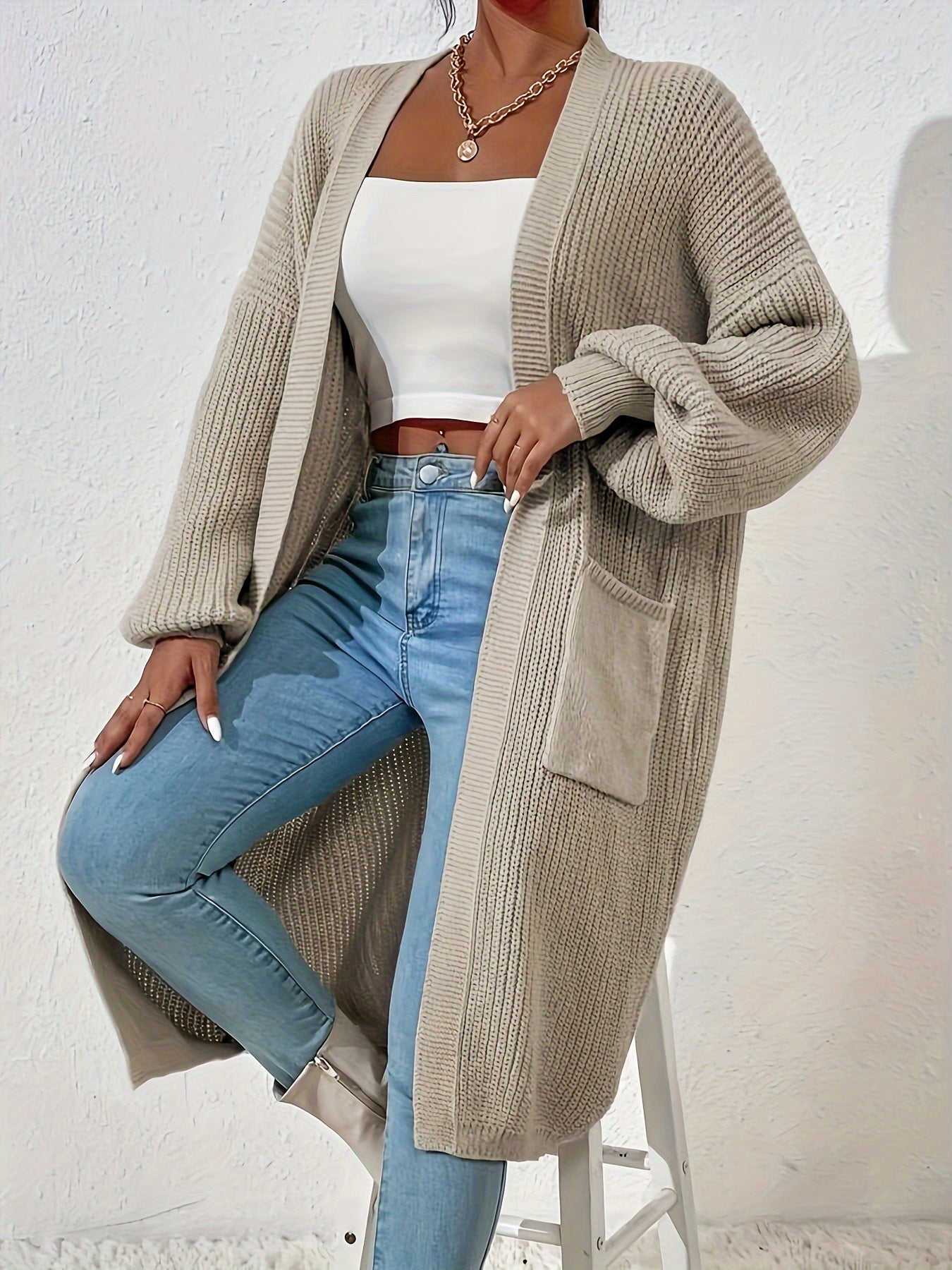 Quinne | Lang damesvest met open voorkant - Casual lange mouwen, druppelschouder