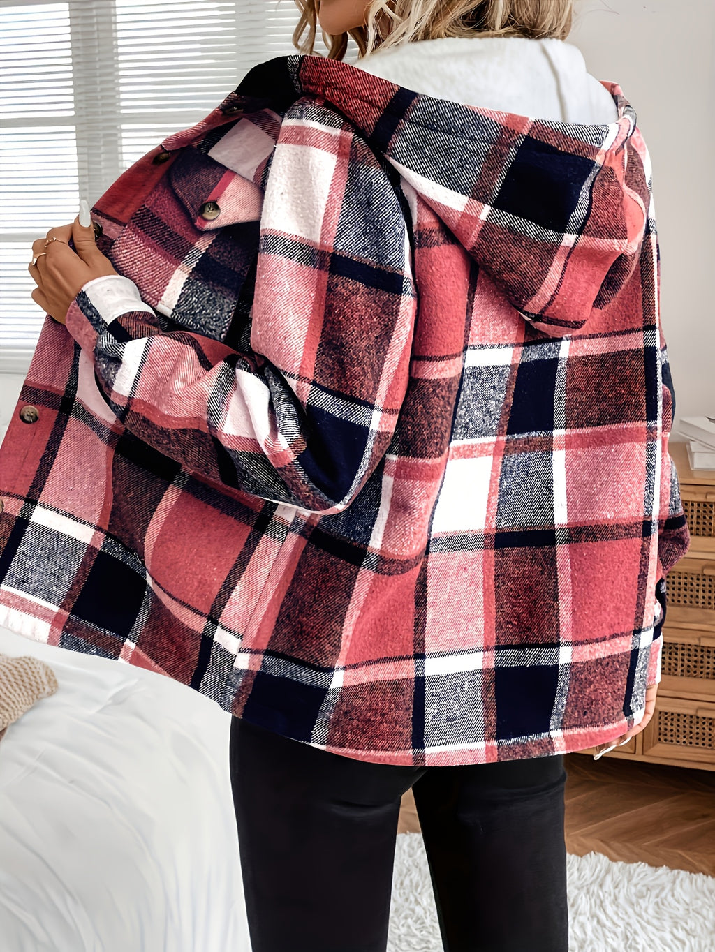 Gracienne | Geruite damesjas met capuchon en fleece voering - Knoopsluiting voor dames