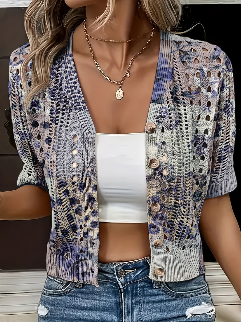 Cyravelle | Bohemian gehaakte korte cardigan – zomerse kortmouwen vest als lichte outerwear