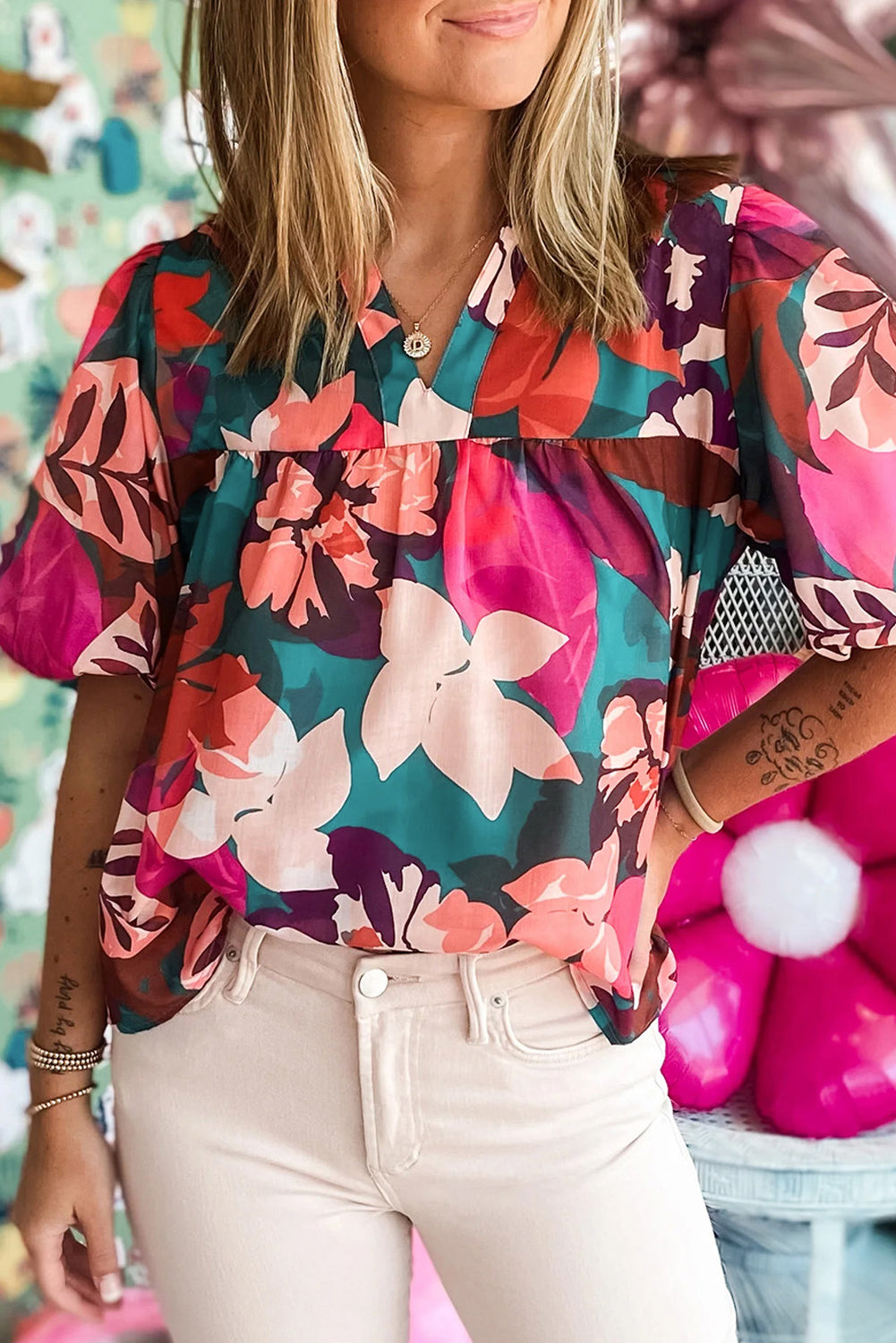 Ysoria | Blouse with Floral Puffed Sleeves and Notched V-Neck - Elegant Women's Top