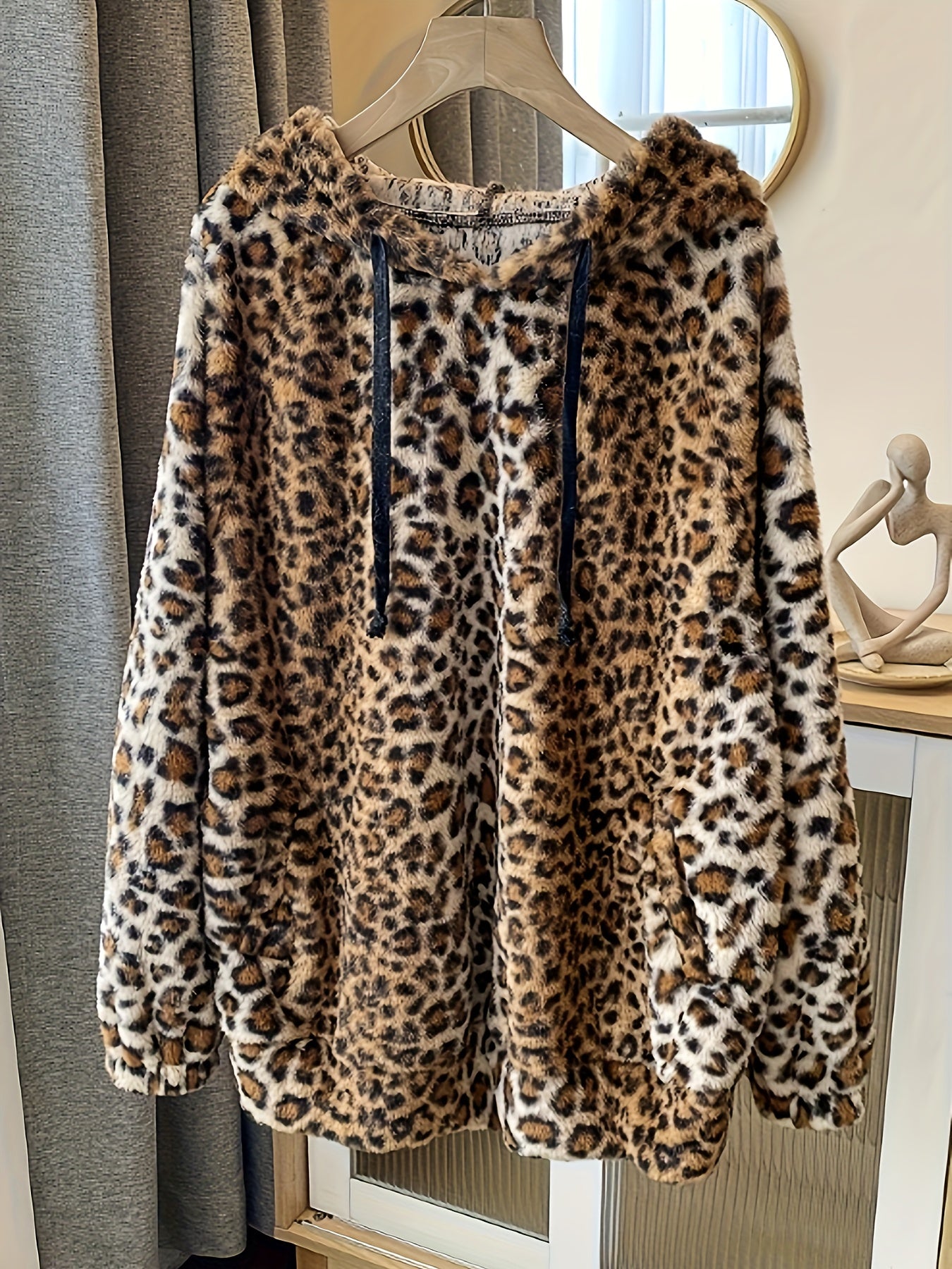 Claribel | Plus size fuzzy luipaardprint capuchon met koord - Casual Herfst/Winter Sweatshirt