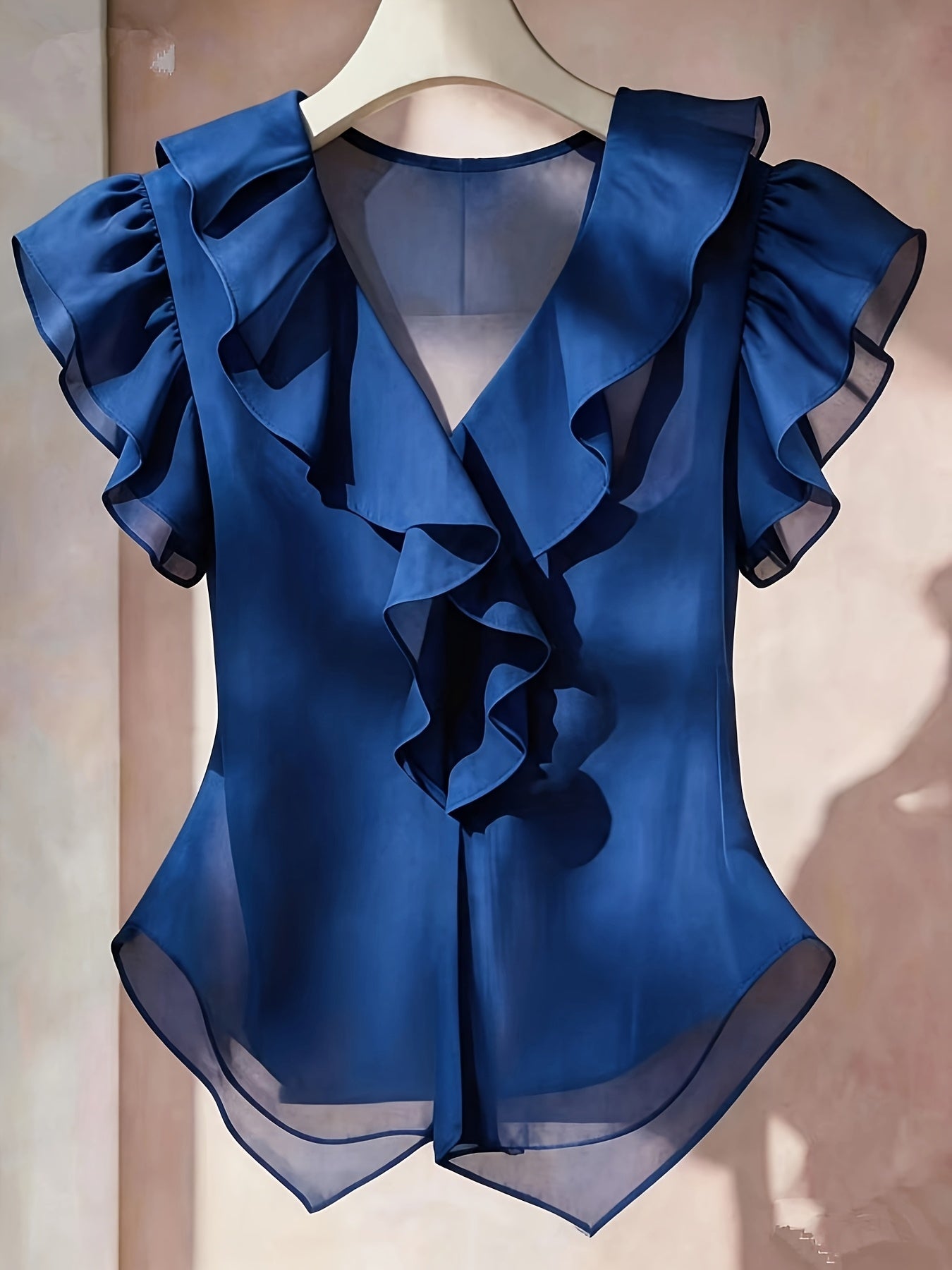 Ionae | Dames zomer chiffon shirt – Franse stijl top met ruches in effen kleur