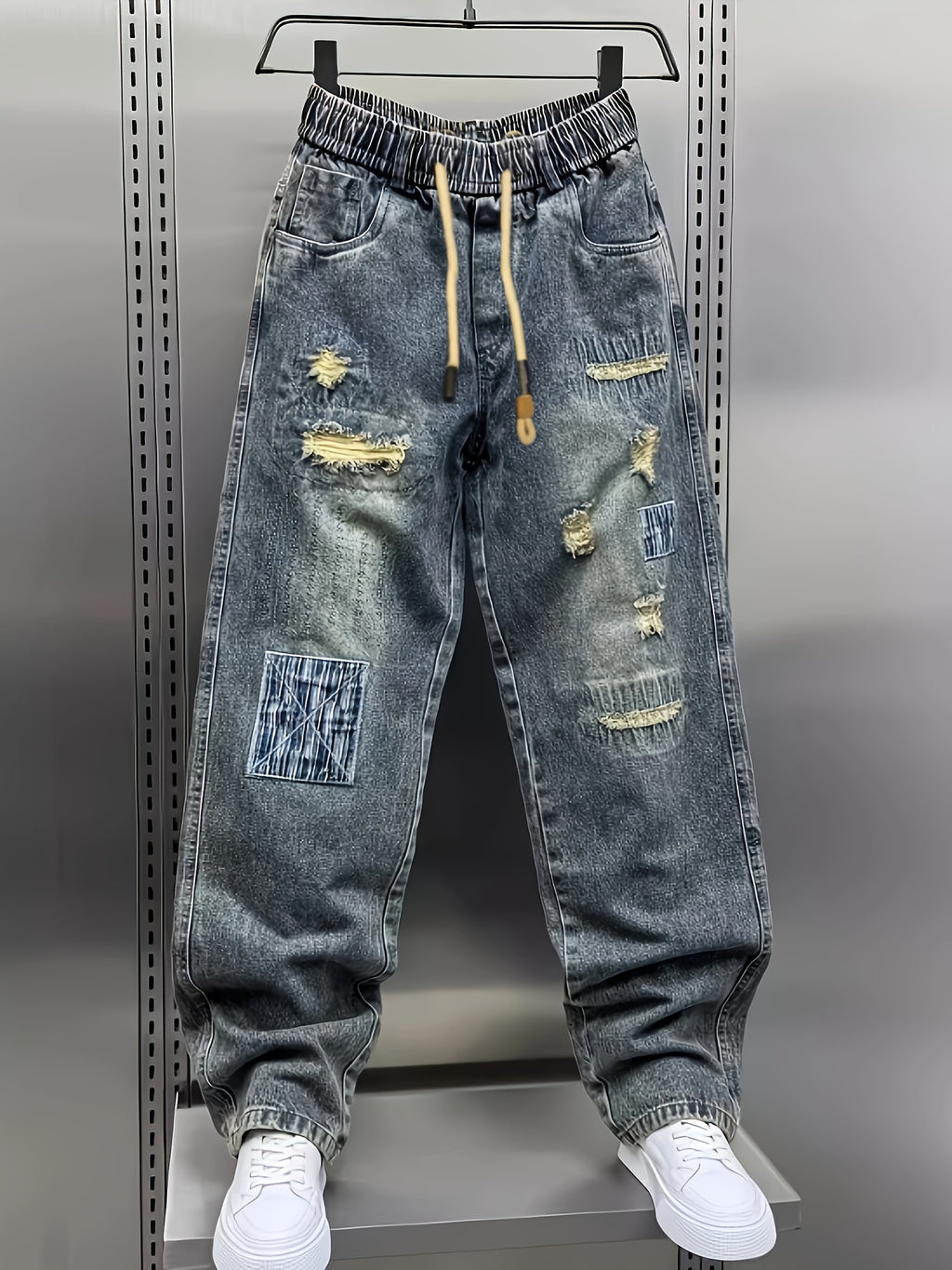 Nyxen | Damesbroek van patchwork-denim in distressed-look