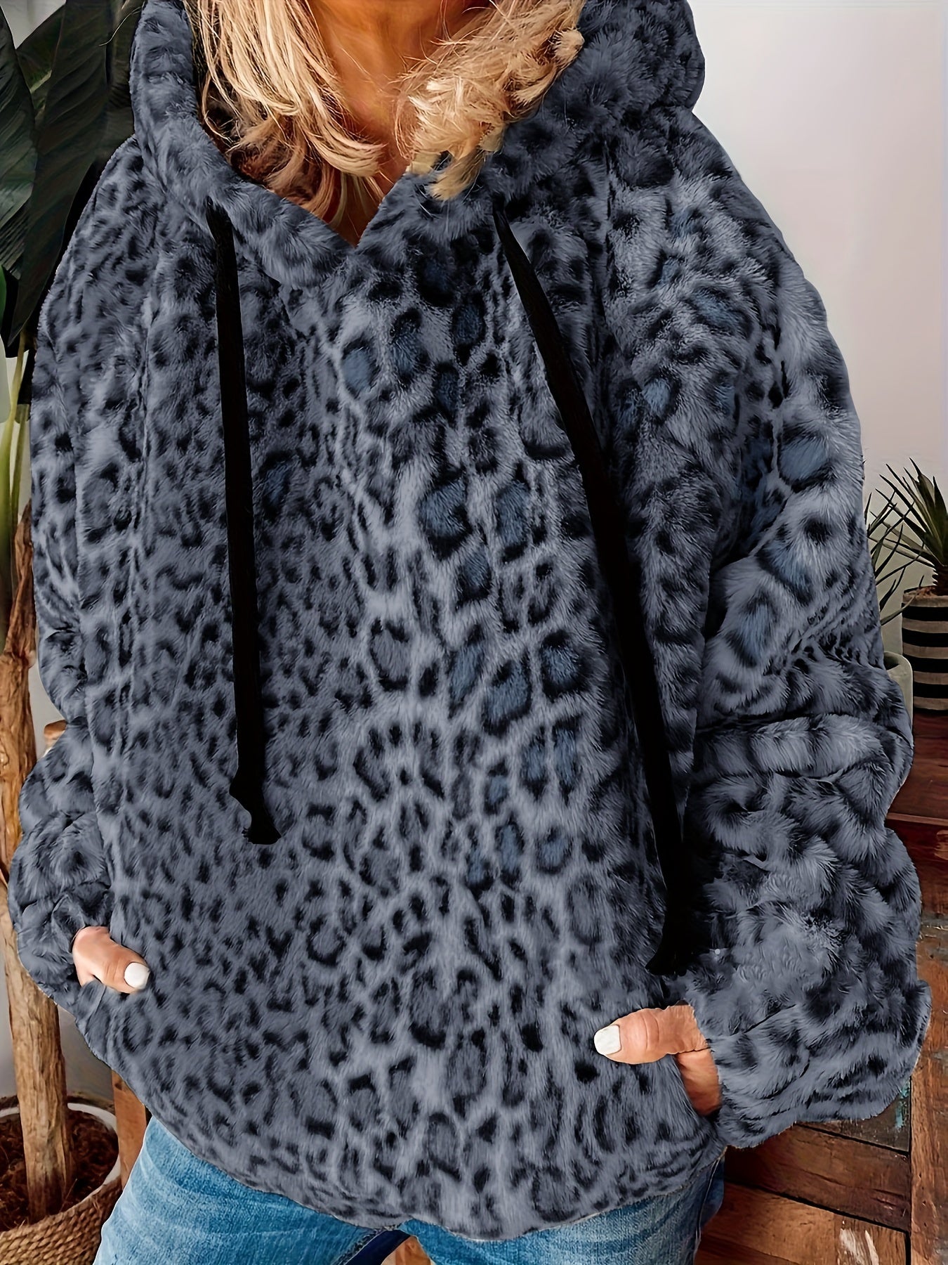 Claribel | Plus size fuzzy luipaardprint capuchon met koord - Casual Herfst/Winter Sweatshirt