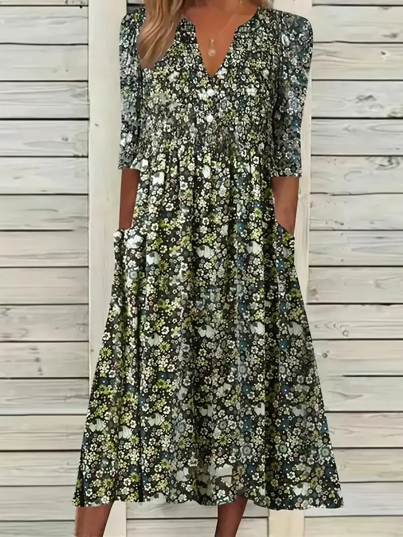 Allyn - Blossom Ditsy bloemenprint V-hals jurk met zakken