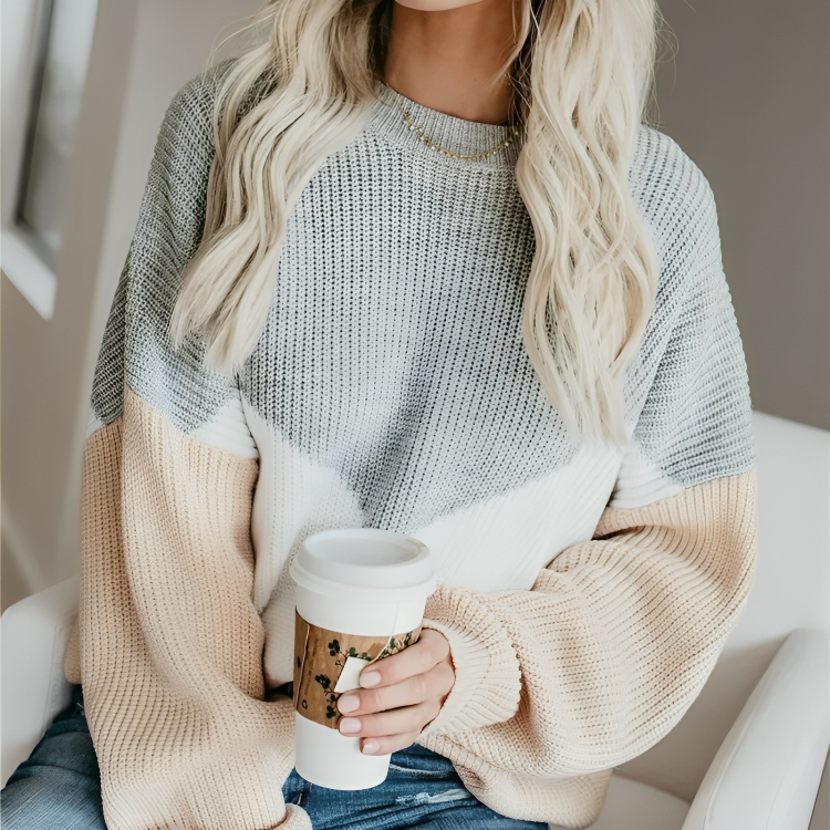 Ailani | Loose Fit Colour Block V-Stripe Women's Sweater - Warm Knitted Sweater