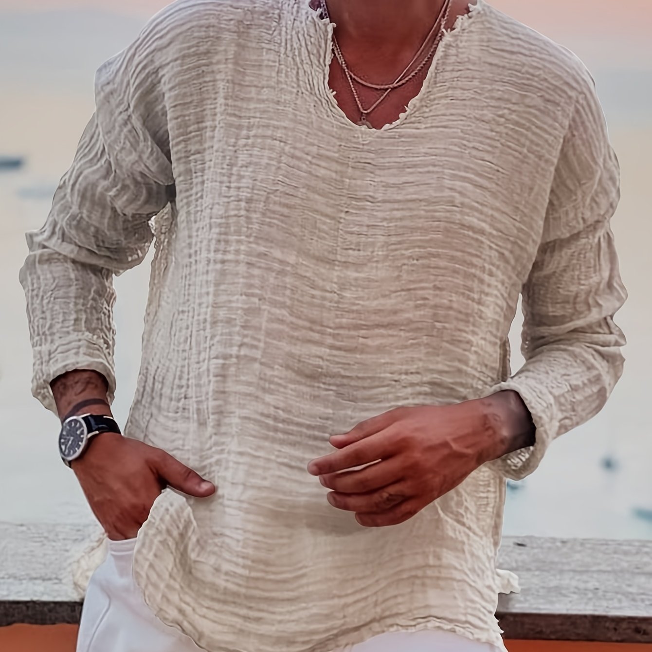 Silo | Heren-T-shirt met korte mouwen en V-hals – Casual zomers strandtop met verweerde look