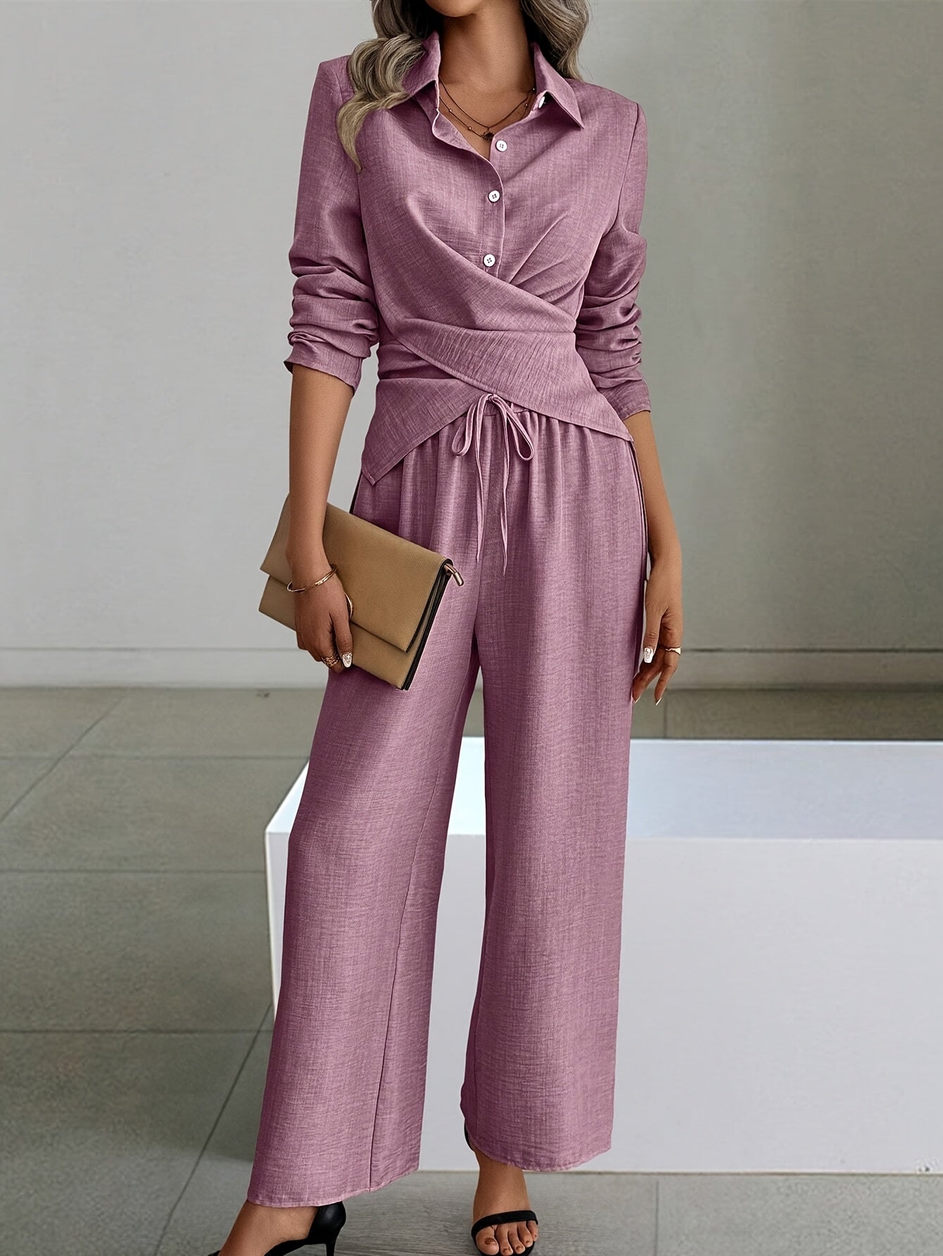 Cirilla | Dames 2-delige set: Top met gekruiste taille & broek met wijde pijpen, casual loszittend pak