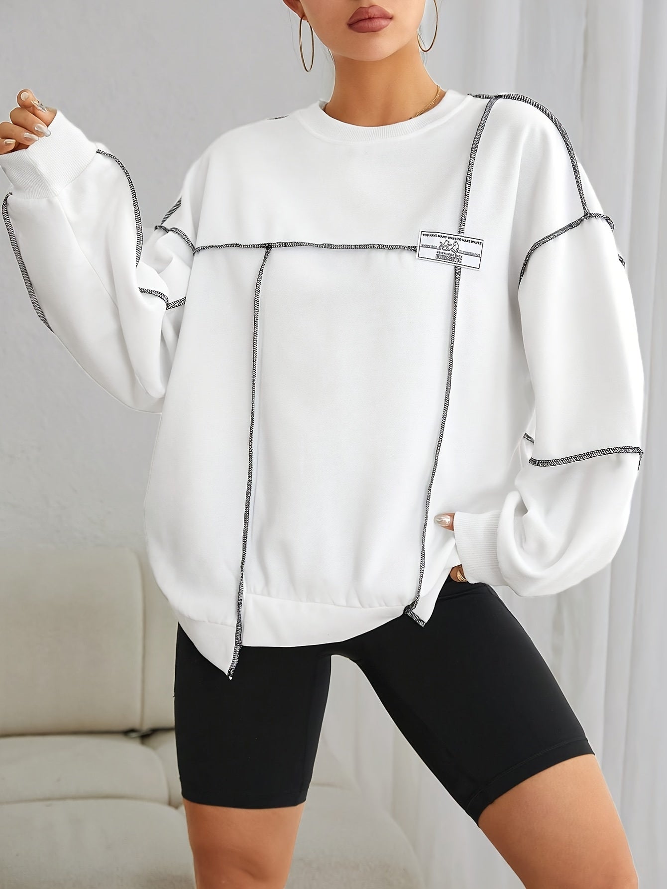 Danira | Elegant Vrouwen Polyester Sweatshirt - Ronde Hals, Schouder Stiksels, Zachte Gebreide Stof