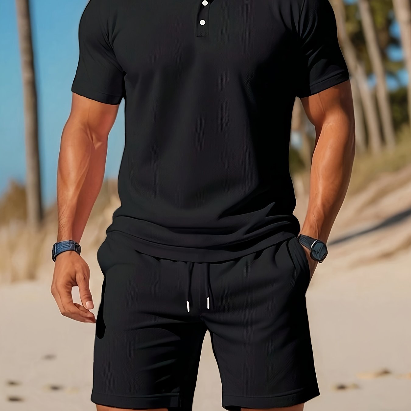 Thorsten | Effen gekleurd heren poloshirt & koord shortset - casual sportkleding