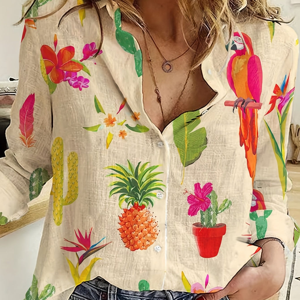 Elmyriaeth | Damesblouse met tropisch print – Elegante casual blouse met enkele knoopsluiting