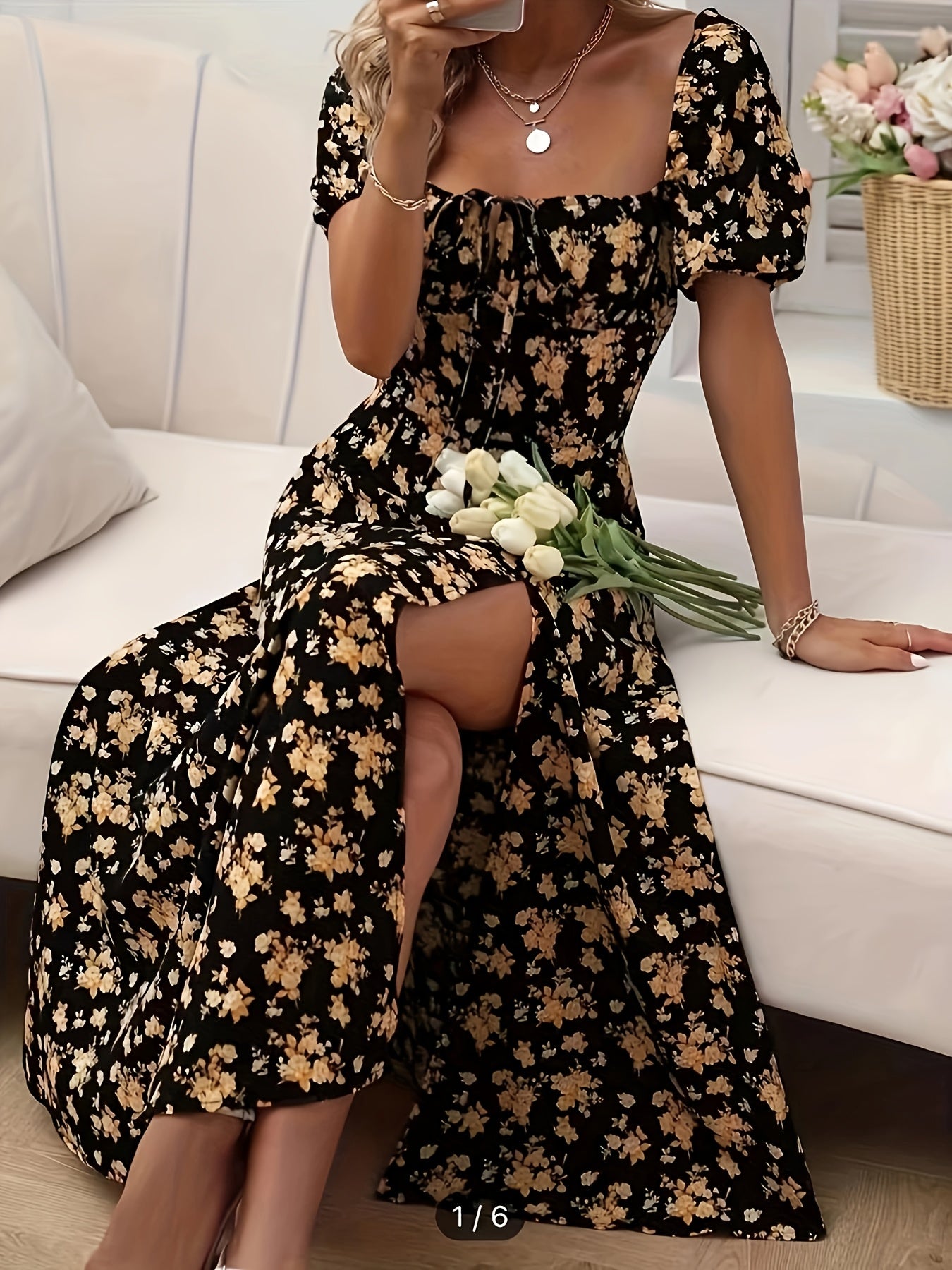 Jadzia | Floral A-line dress with puff sleeves - Chic slit hem, elegant midi dress