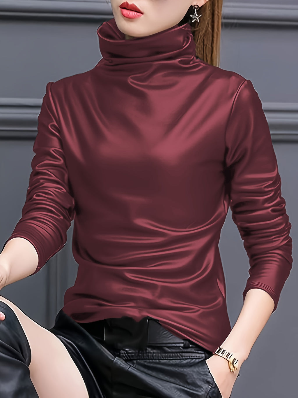 Elfrida | Vrouwen Lange Mouwen PU Leren Coltrui - Elegante Casual Top