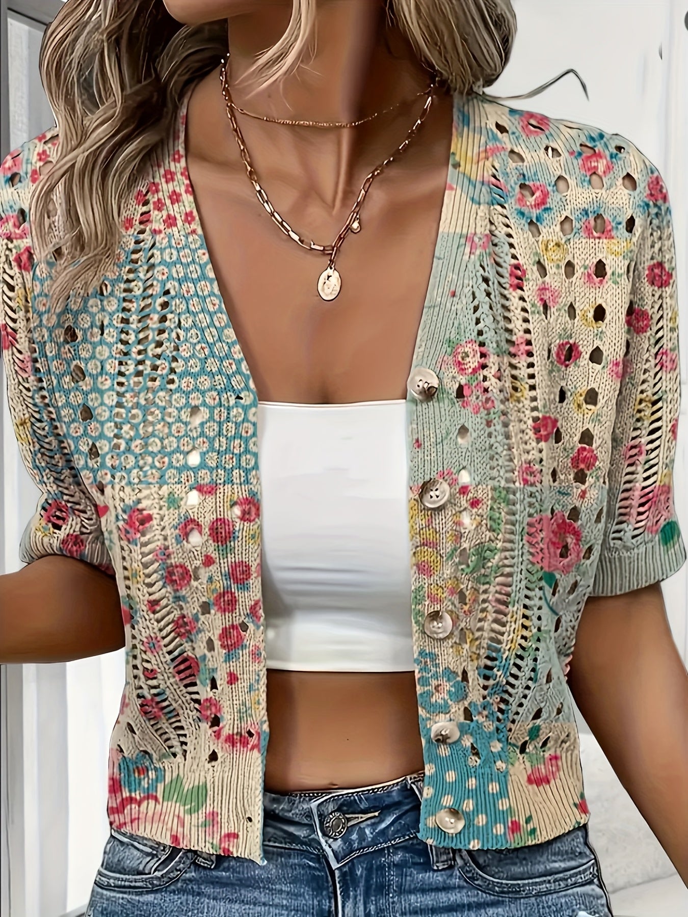Eenira | Dames Bohemian Haakwerk Vest – Korte V-Hals, Kleurrijk Gebreid Bovenkledingstuk