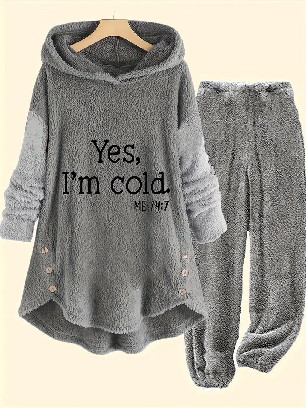 Neryn | Knusse grijze fleece hoodie & joggerset voor dames met briefprint - Casual tweedelige loungeset