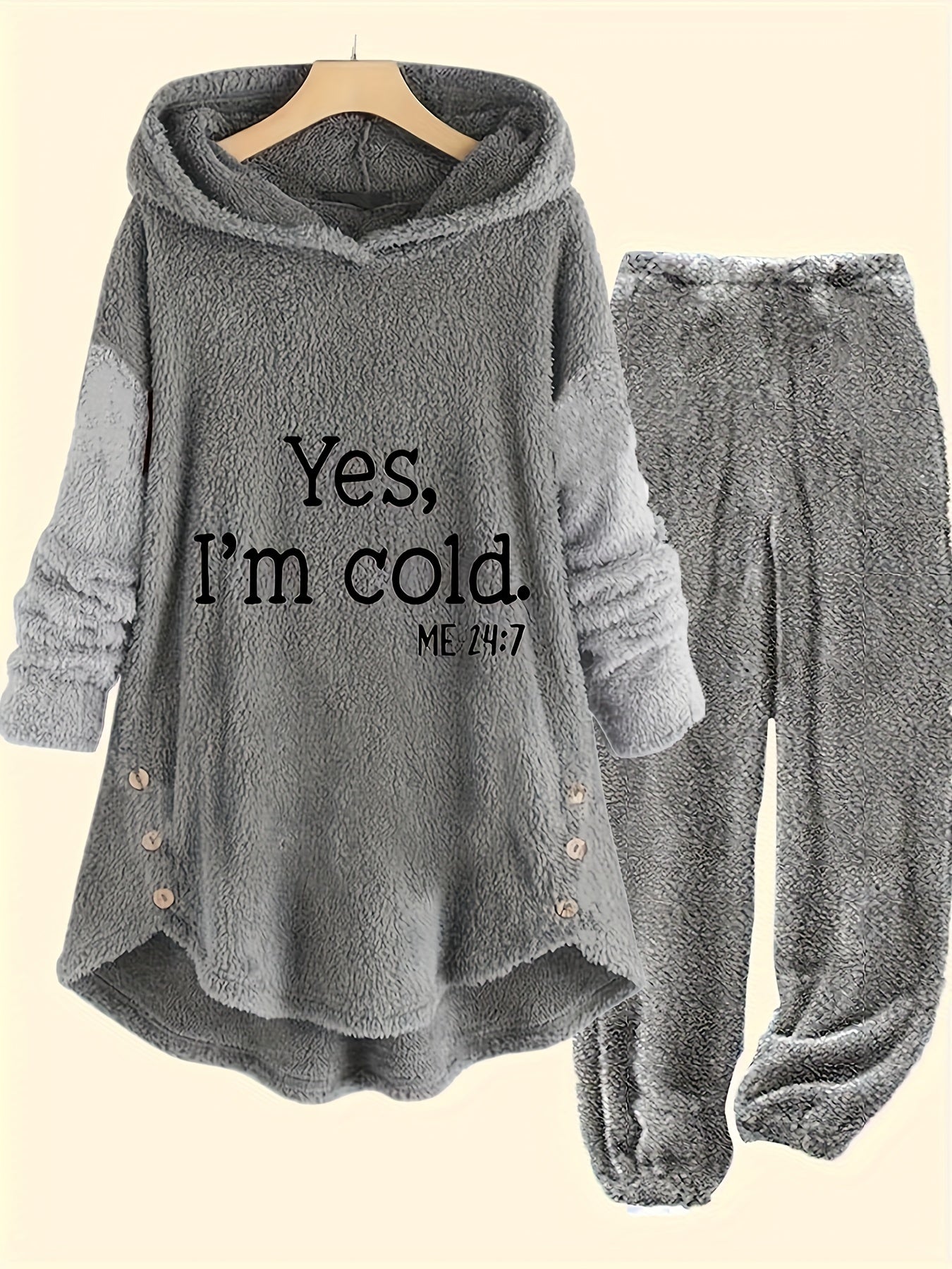 Neryn | Knusse grijze fleece hoodie & joggerset voor dames met briefprint - Casual tweedelige loungeset