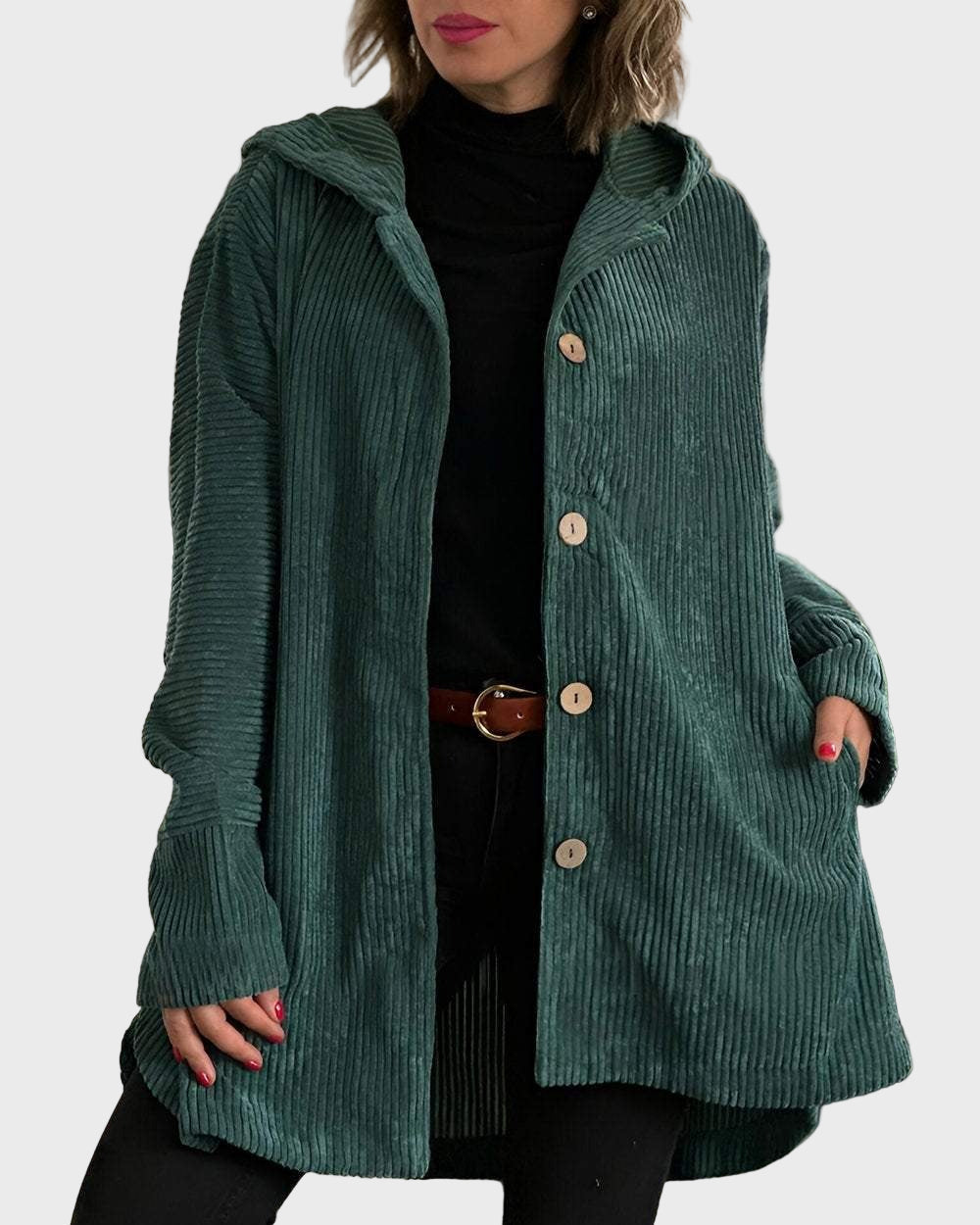 Adelgunde | Dames corduroy jas met capuchon – Casual herfst-winterjas met knopen aan de voorkant