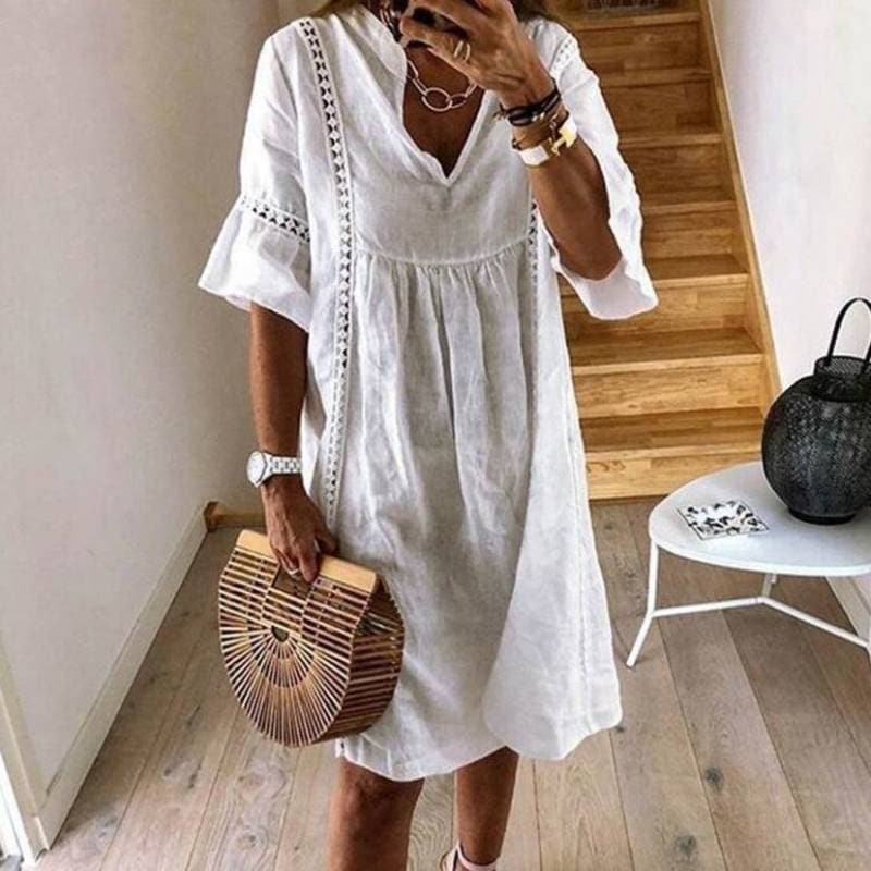 Queralt | Bohemian V-neck Airy Dress - Short Sleeve, Knee-Length