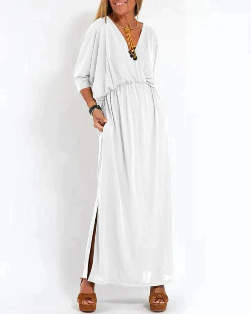 Sunhild | Elegant Long Vintage V-neck Dress - Flowy Maxi Dress for Women