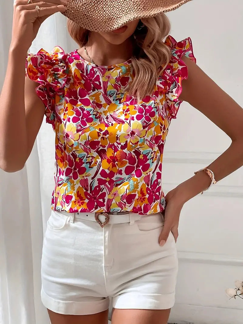 Elegante blouse met ronde hals en bloemenprint met franje