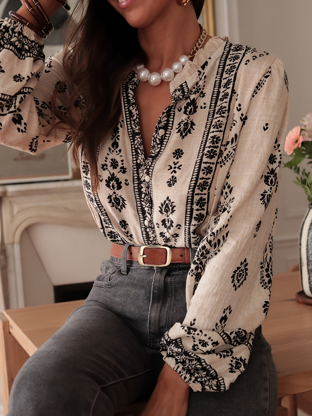 Halcyon | Geometrische bedrukte losvallende blouse met lantaarnmouwen