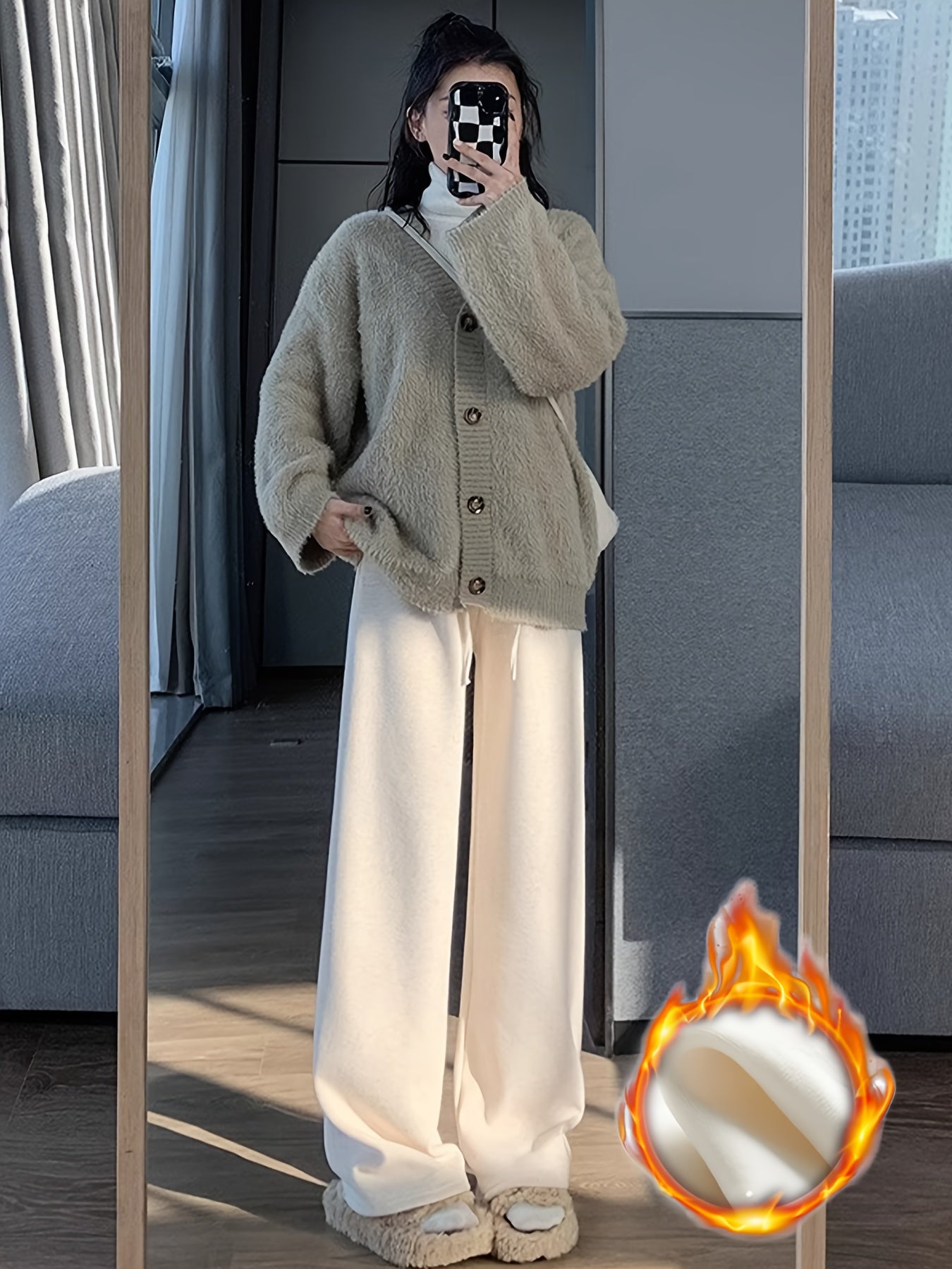 Meira | Knusse, met fleece gevoerde broek met wijde pijpen en hoge taille - Afslankende koordsluiting