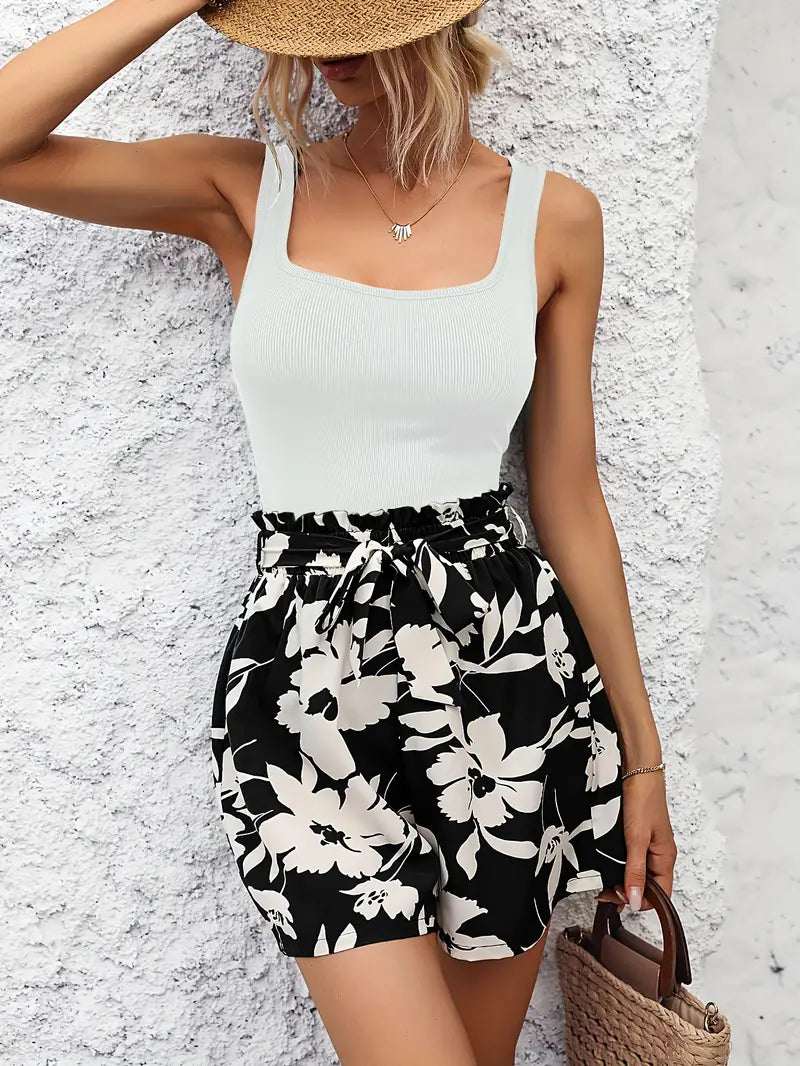 Casual effen tanktop & korte broek met bloemenpatroon